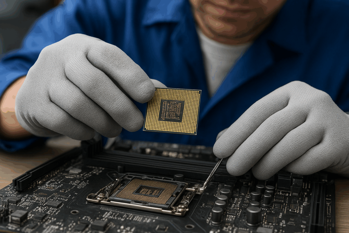 Technician inserting a CPU chip onto a motherboard